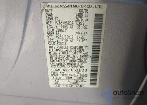 2005 Nissan Xterra Se z USA, uszkodzony, nr VIN 5N1AN08W95C651823